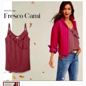 Cabi maroon beige print sleeveless ruffle Fresco v neck camisole, sz S